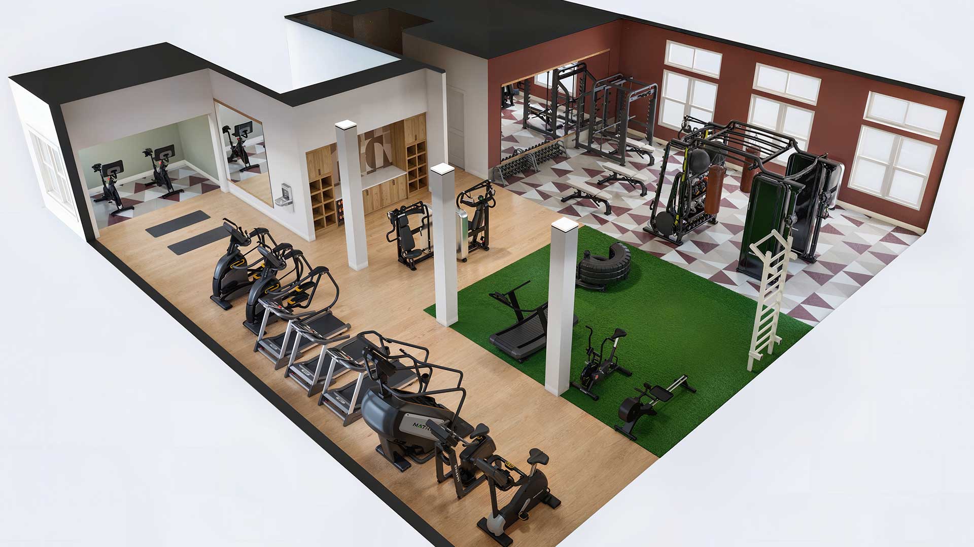 Rendering of the new fitness center layout at Senita on Cave Creek Apartments, showing upgraded equipment zones, open workout space, and improved flow throughout the gym.