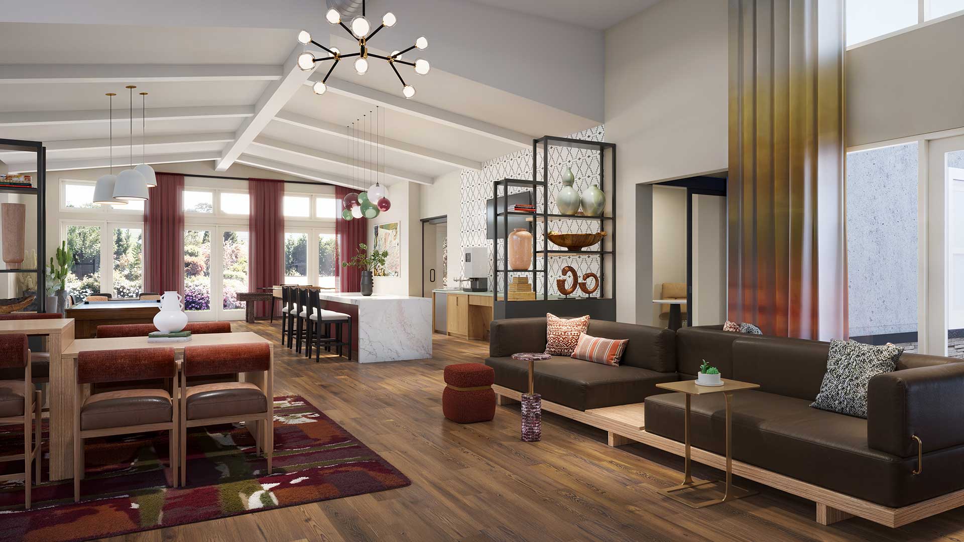Interior rendering of the redesigned resident lounge at Senita on Cave Creek Apartments, featuring comfortable seating, modern finishes, and flexible space for gathering and connection.