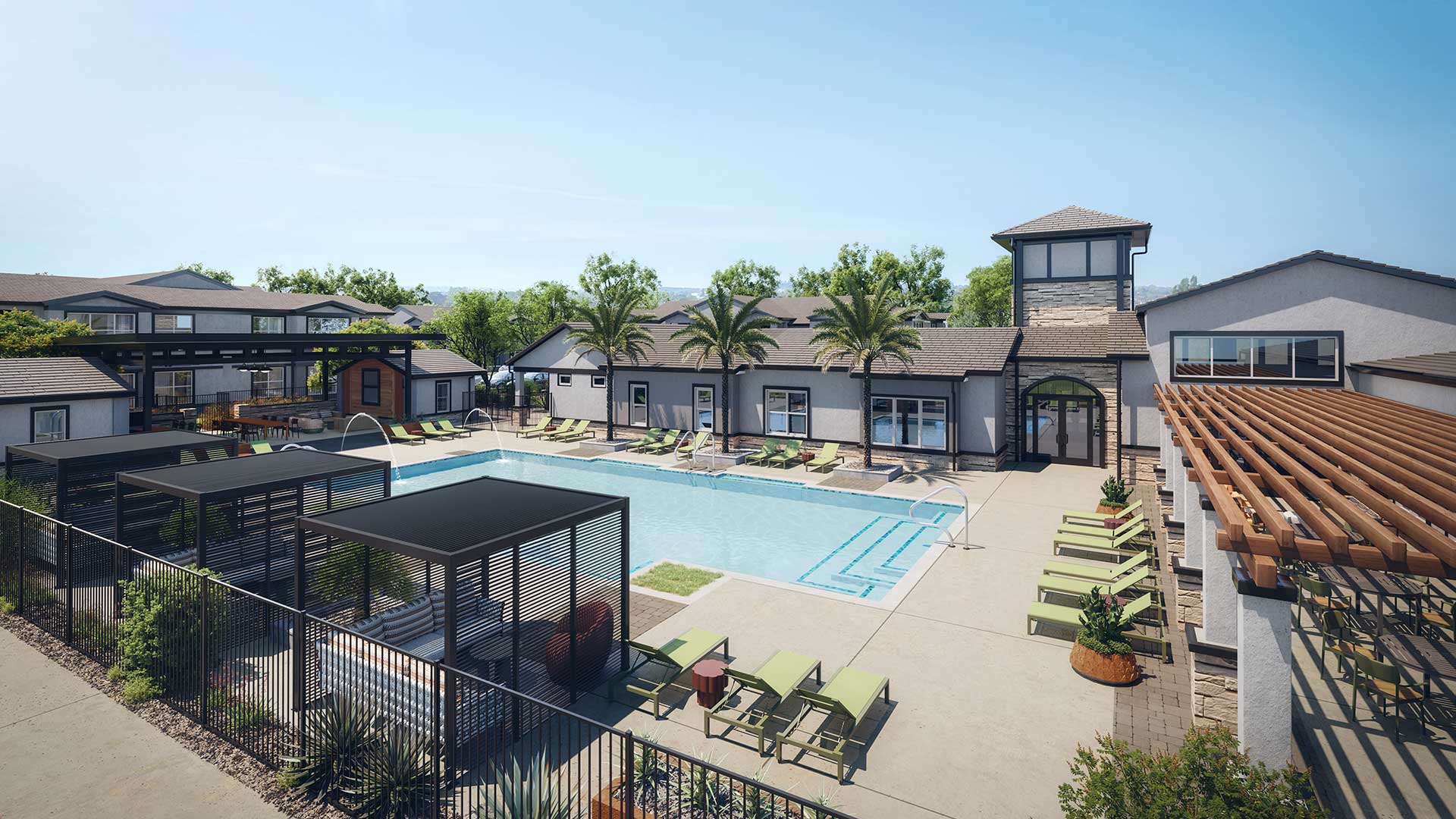 Rendering of the reimagined pool deck at Senita on Cave Creek Apartments, highlighting updated lounge seating, shaded cabanas, and enhanced outdoor recreation space.