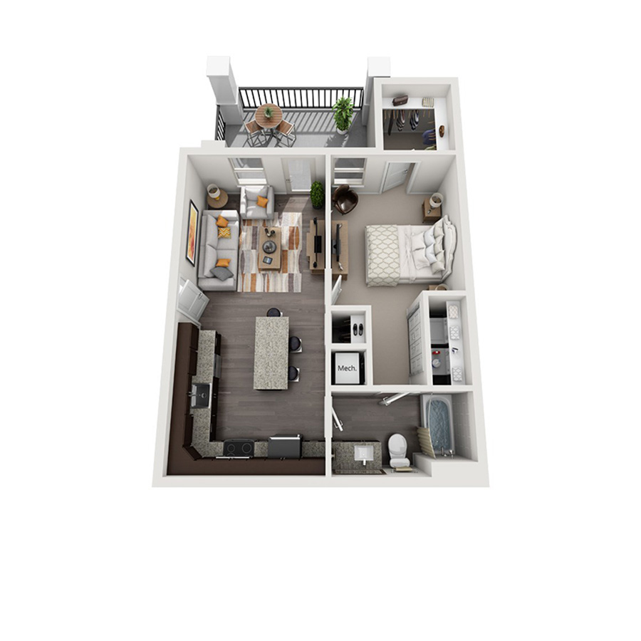 Rendering of the A1 floor plan with 1 bedroom[s] and 1 bathroom[s] at senitacavecreekapts
