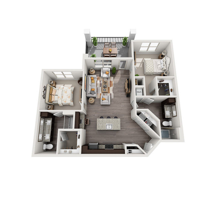 Rendering of the B2 floor plan with 2 bedroom[s] and 2 bathroom[s] at senitacavecreekapts