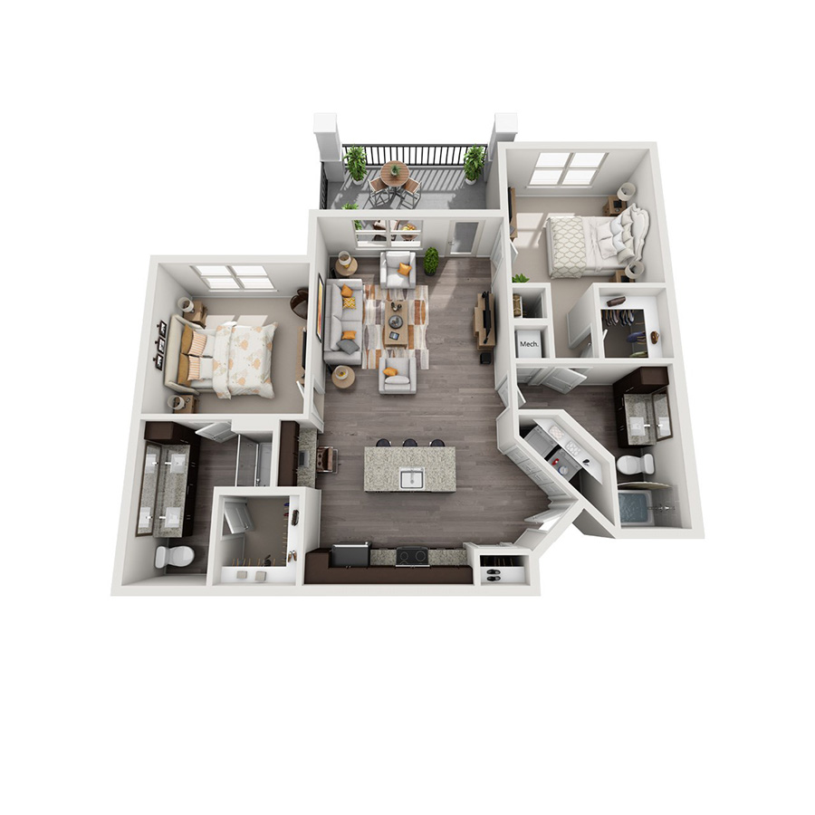 Rendering of the B1 floor plan with 2 bedroom[s] and 2 bathroom[s] at senitacavecreekapts