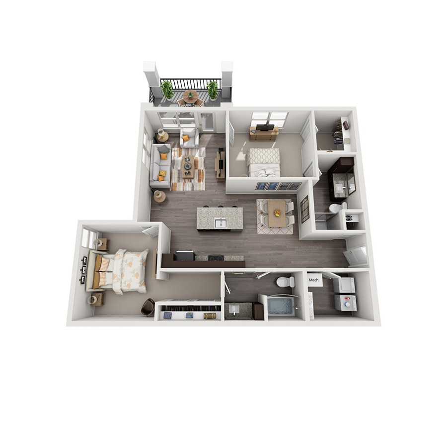 Rendering of the B3 floor plan with 2 bedroom[s] and 2 bathroom[s] at senitacavecreekapts