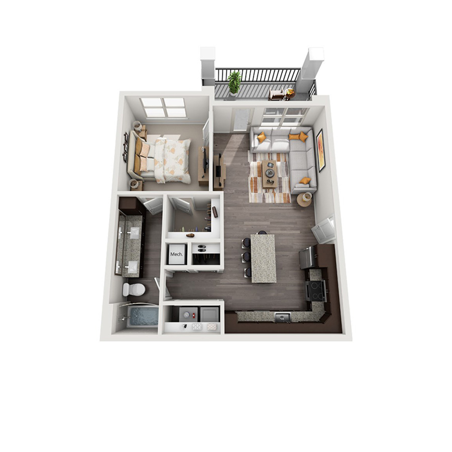 Rendering of the A2 floor plan with 1 bedroom[s] and 1 bathroom[s] at senitacavecreekapts