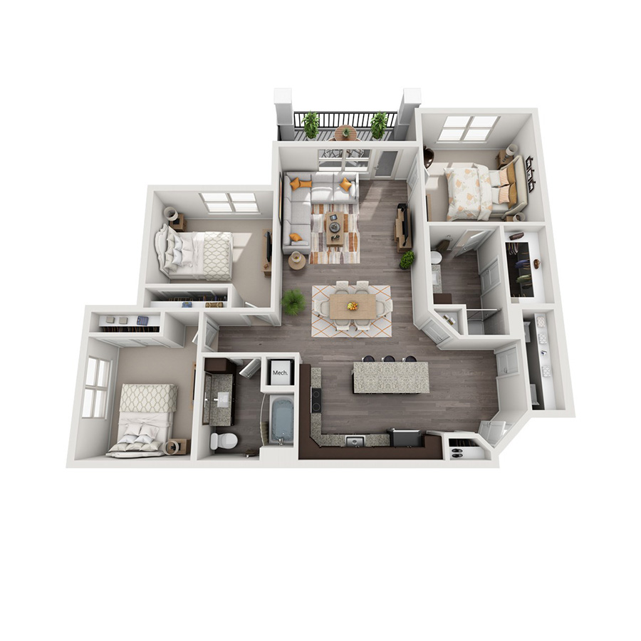 Rendering of the C1 floor plan with 3 bedroom[s] and 2 bathroom[s] at senitacavecreekapts
