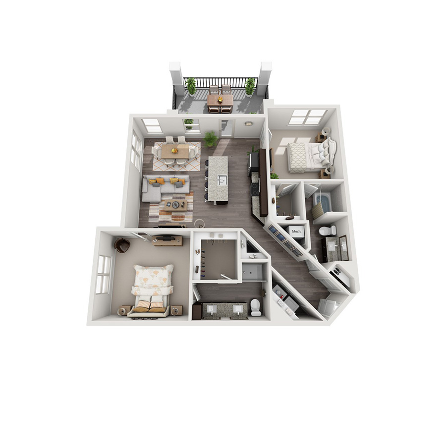 Rendering of the B4 floor plan with 2 bedroom[s] and 2 bathroom[s] at senitacavecreekapts