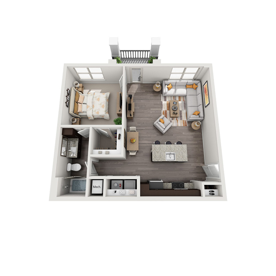 Rendering of the A4 floor plan with 1 bedroom[s] and 1 bathroom[s] at senitacavecreekapts