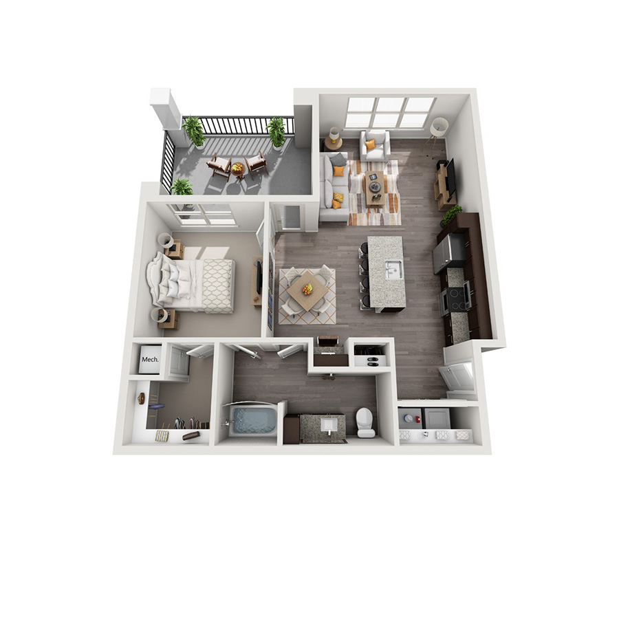 Rendering of the A5 floor plan with 1 bedroom[s] and 1 bathroom[s] at senitacavecreekapts