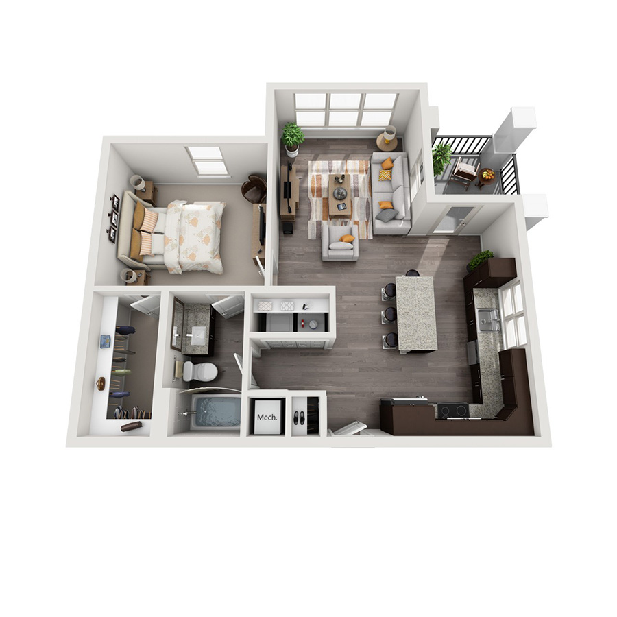 Rendering of the A3 floor plan with 1 bedroom[s] and 1 bathroom[s] at senitacavecreekapts